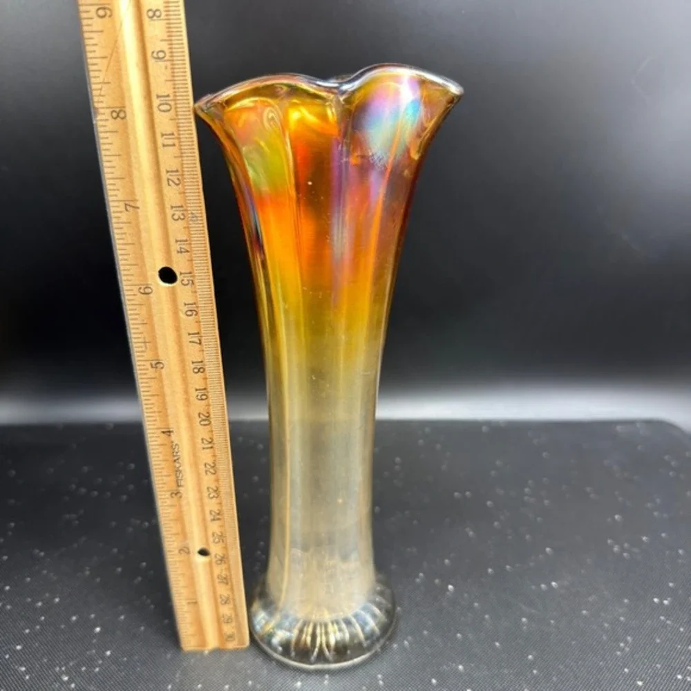 Vintage Marigold Carnival Glass‎ Iridescent Ruffled Trumpet Vase 8 Inch Sunburst